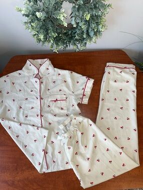 🍒 Cherry Print Pajama Set Red Piping Short Sleeve Button Top Drawstring Pants